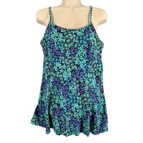 Kathy Ireland Medium One Piece Swim Dress Floral Soft Bra Tummy Control Blue Tea - Picture 2 of 10